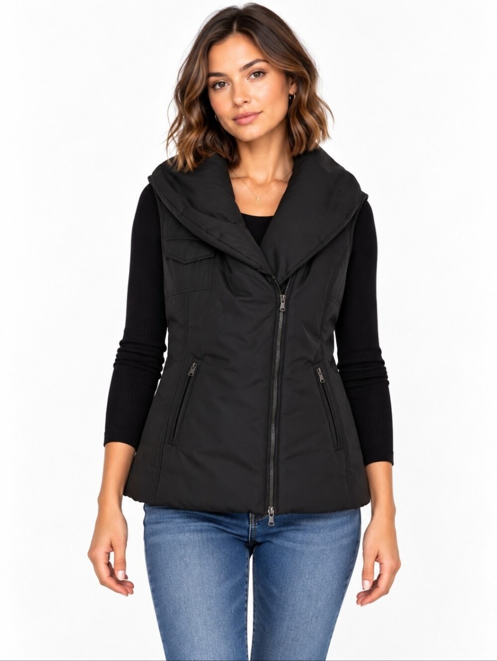 Lilibleu Black Puffer Vest | Asymmetrical Double-Zip | Adjustable Waist Tie